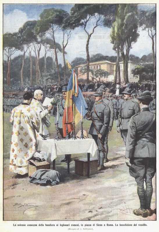 La solennelle remise du drapeau aux légionnaires roumains, sur la place de Sienne à Rome - Achille Beltrame