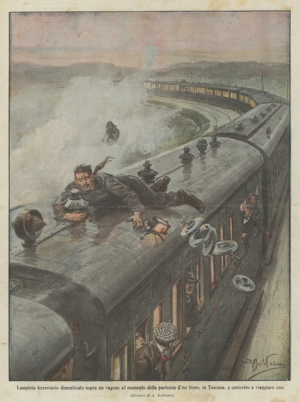 Lampiste ferroviaire oublié sur un wagon au moment du départ d