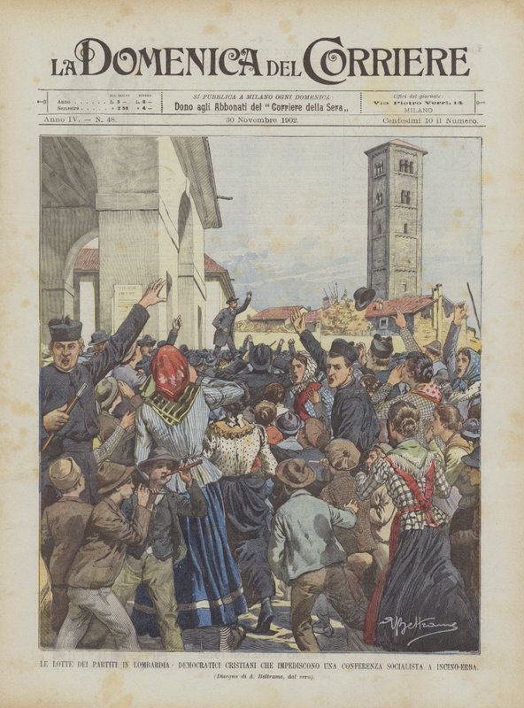 Les luttes des partis en Lombardie, démocrates chrétiens empêchant une conférence socialiste à Incino-Erba - Achille Beltrame
