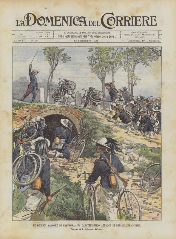 Les récentes manœuvres de campagne, une attaque caractéristique de bersagliers cyclistes - Achille Beltrame