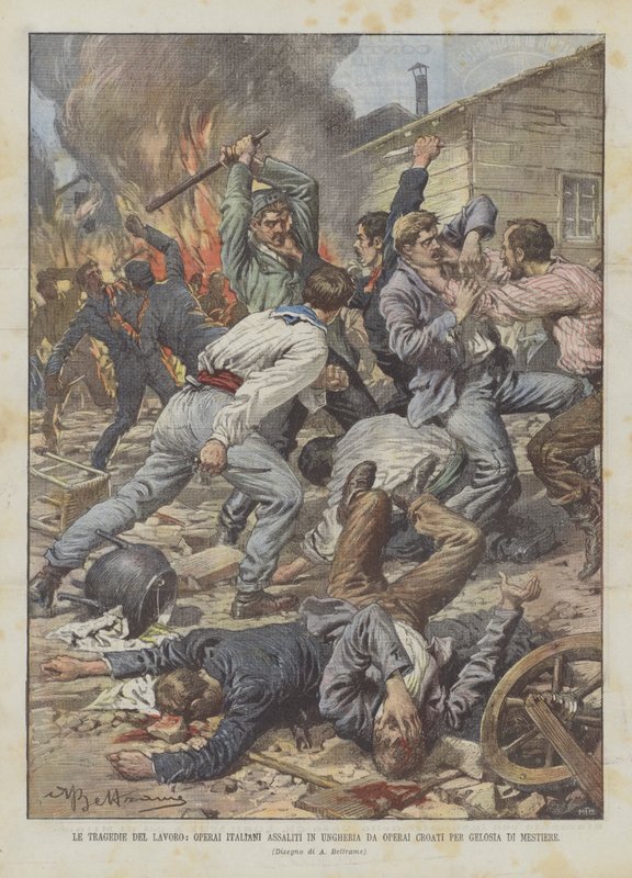 Les tragédies du travail, ouvriers italiens attaqués en Hongrie par jalousie de métier - Achille Beltrame