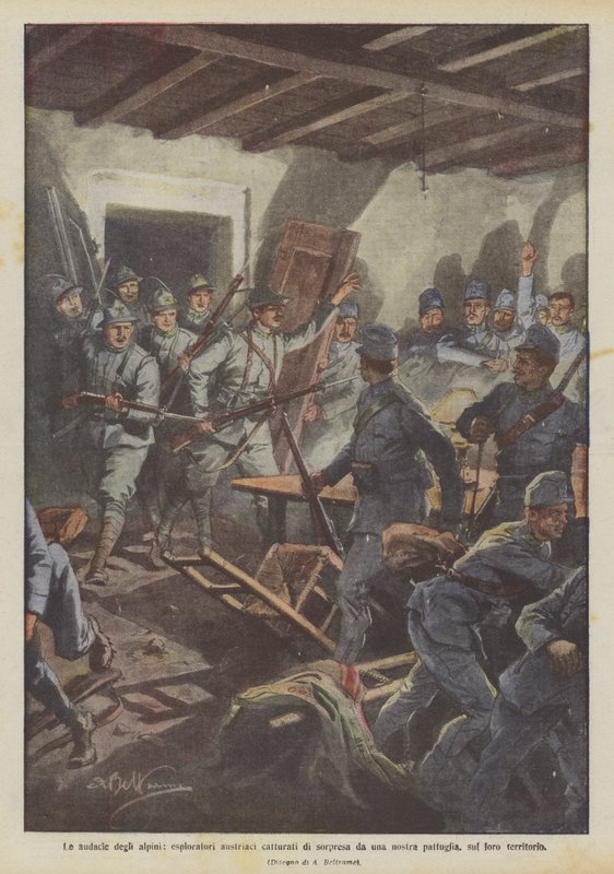 Les audaces des alpins, des éclaireurs autrichiens capturés par surprise par une de nos patrouilles, sur leur territoire - Achille Beltrame