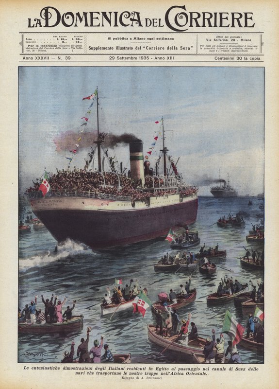 Les démonstrations enthousiastes des Italiens résidant en Égypte au passage dans le canal de Suez - Achille Beltrame