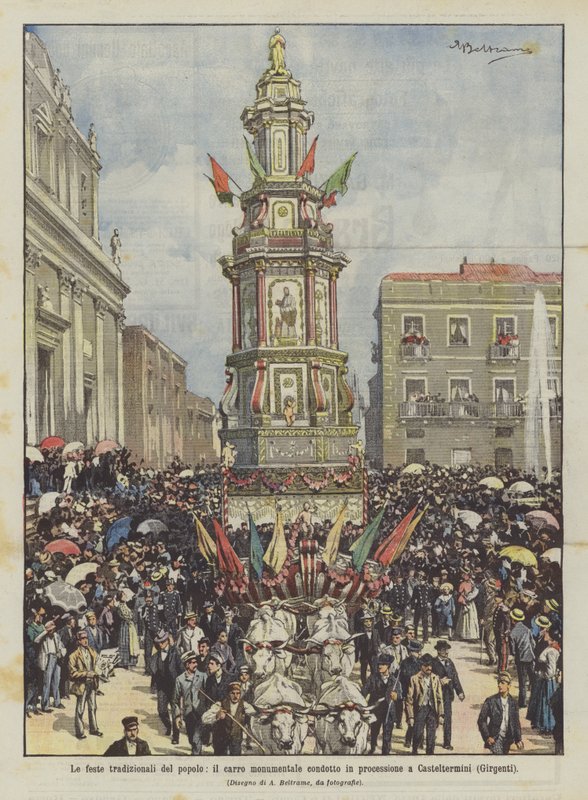 Les fêtes traditionnelles du peuple, le char monumental conduit en procession à Casteltermini (Girgenti) - Achille Beltrame