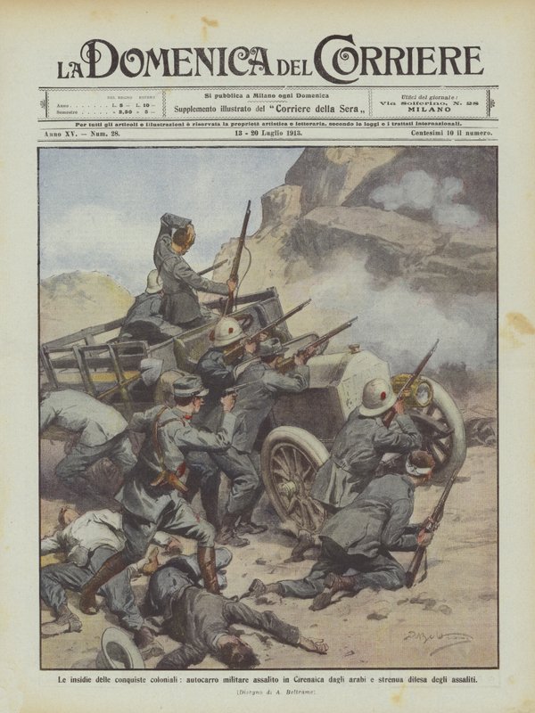 Les dangers des conquêtes coloniales, camion militaire attaqué en Cyrénaïque par les Arabes - Achille Beltrame