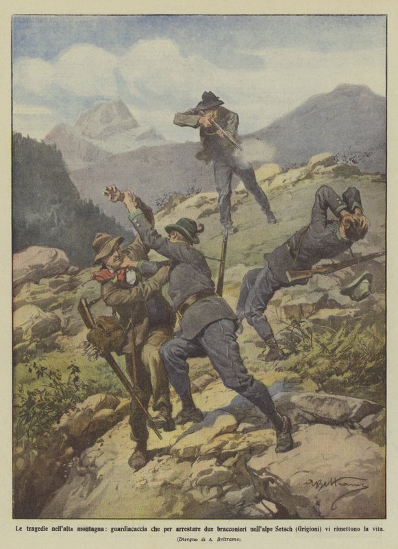 Les tragédies en haute montagne, garde-chasse qui pour arrêter deux braconniers dans les Alpes Setsch - Achille Beltrame