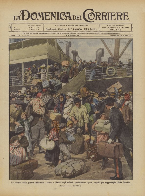 Les événements de la guerre italo-turque, arrivée à Naples des Italiens, principalement des ouvriers - Achille Beltrame
