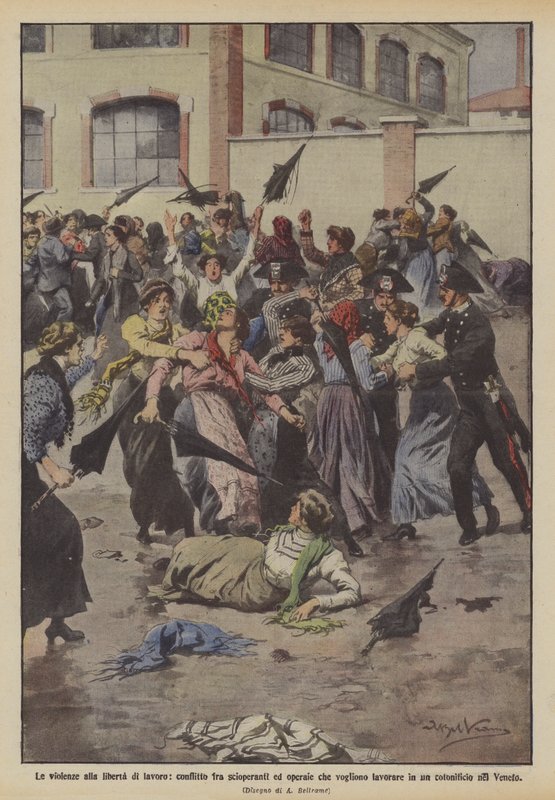 Les violences contre la liberté de travail, conflit entre grévistes et ouvrières voulant travailler - Achille Beltrame