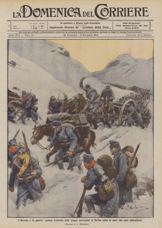 Hiver et guerre, avancée pénible des troupes autrichiennes en Serbie sous la neige abondante - Achille Beltrame