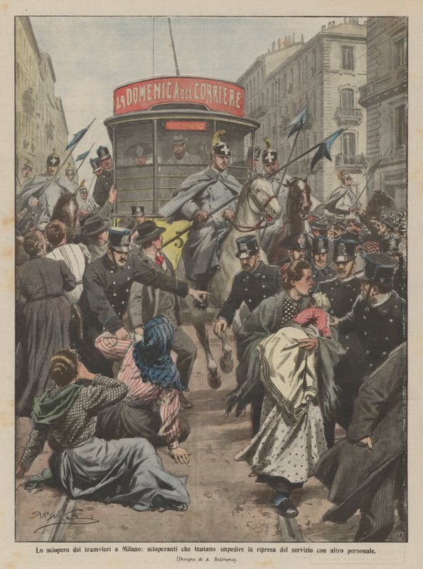 La grève des tramways à Milan, grévistes tentant d