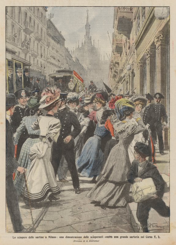 La grève des couturières à Milan, une manifestation des grévistes contre une grande maison de couture sur le Corso V E - Achille Beltrame