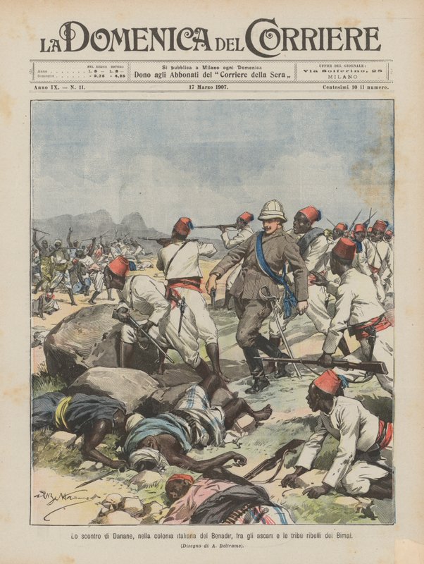 La bataille de Danane, dans la colonie italienne de Benadir, entre les askaris et les tribus rebelles des Bimal - Achille Beltrame