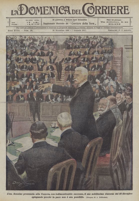 Lon Sonnino prononce à la Chambre, avec un succès inoubliable, son noble discours - Achille Beltrame