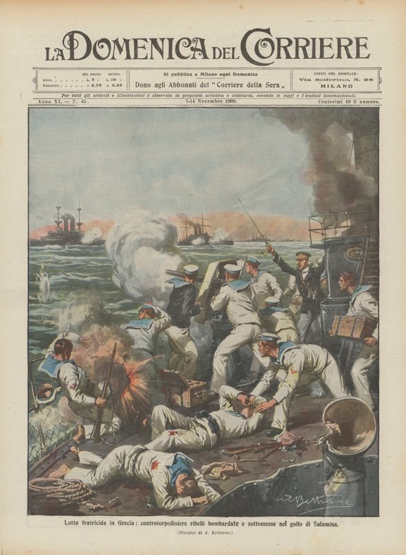 Lutte fratricide en Grèce, contre-torpilleurs rebelles bombardés et soumis dans le golfe de Salamine - Achille Beltrame