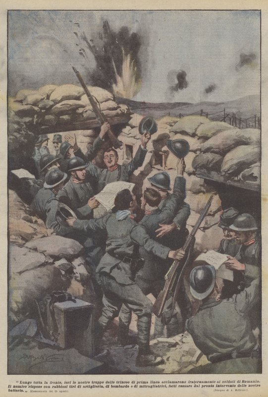 Le long de tout le front, hier, nos troupes des tranchées de première ligne acclamaient - Achille Beltrame