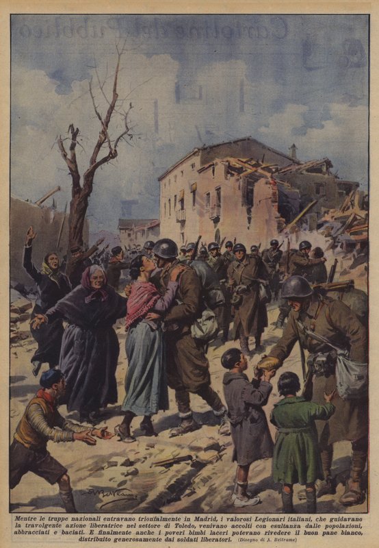 Alors que les troupes nationales entraient triomphalement à Madrid, les vaillants légionnaires italiens - Achille Beltrame