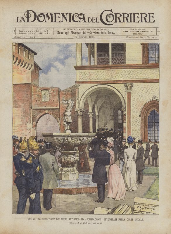 Milan, inauguration des musées artistique et archéologique, les invités dans la cour ducale - Achille Beltrame