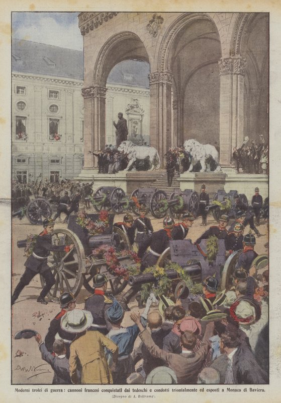 Trophées de guerre modernes, canons français conquis par les Allemands et conduits triomphalement - Achille Beltrame