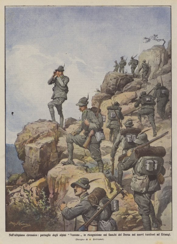 Sur le plateau de Cyrénaïque, patrouilles des alpins Vestone en reconnaissance sur les flancs de Derna - Achille Beltrame