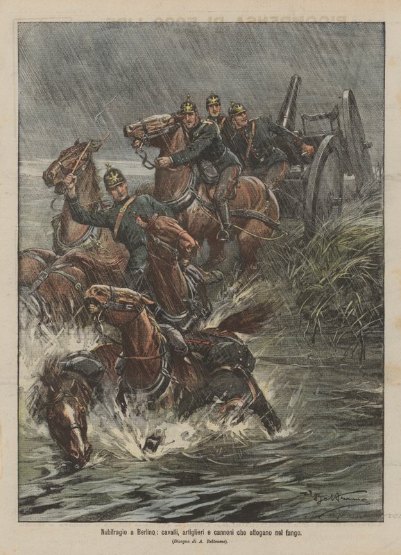 Déluge à Berlin, chevaux, artilleurs et canons noyés dans la boue - Achille Beltrame