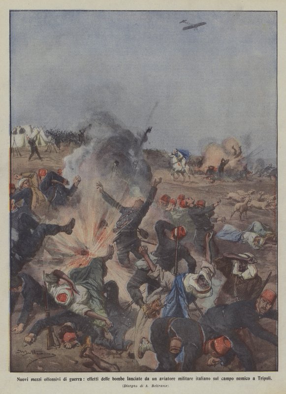 Nouveaux moyens offensifs de guerre, effets des bombes lancées par un aviateur militaire italien - Achille Beltrame