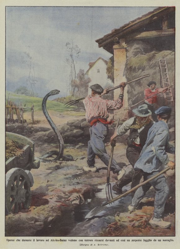 Ouvriers qui, pendant le travail à Aix-les-Bains, voient avec terreur se dresser devant eux - Achille Beltrame
