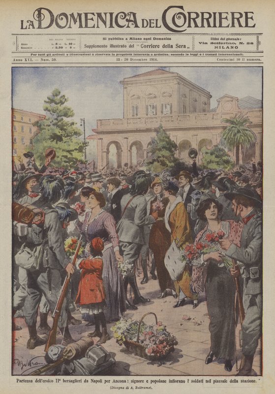Départ des héroïques bersaglieri de Naples pour Ancône, dames et paysannes fleurissant les soldats - Achille Beltrame