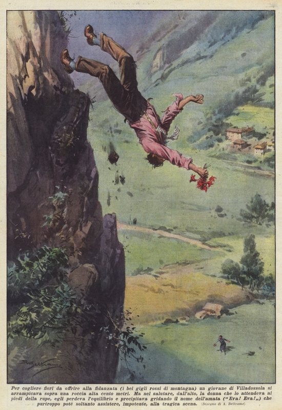 Pour cueillir des fleurs à offrir à sa fiancée (les beaux lys rouges de montagne) un jeune homme - Achille Beltrame