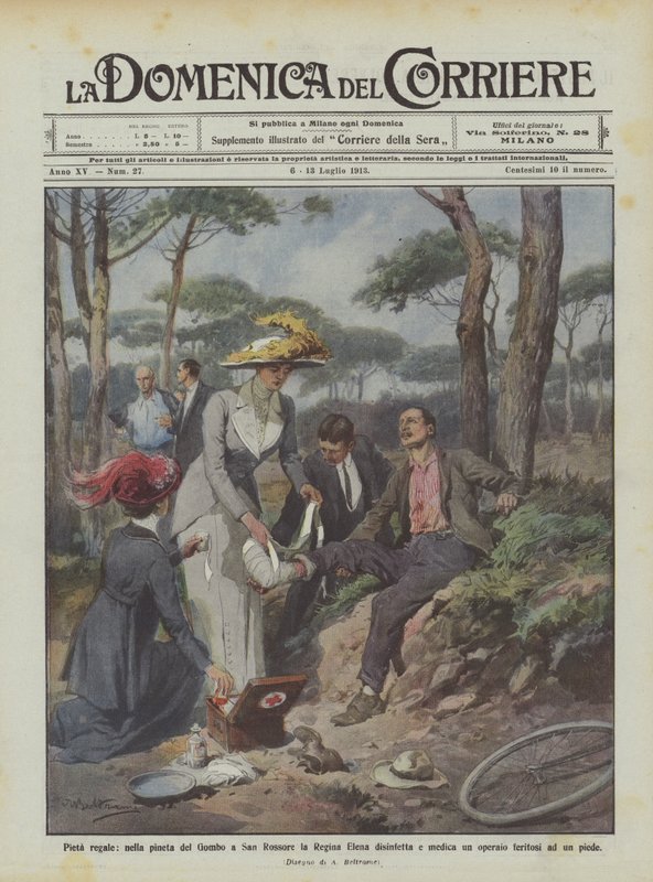 Pitié royale, la reine Elena désinfecte et soigne un ouvrier dans la pinède de Gombo à San Rossore - Achille Beltrame