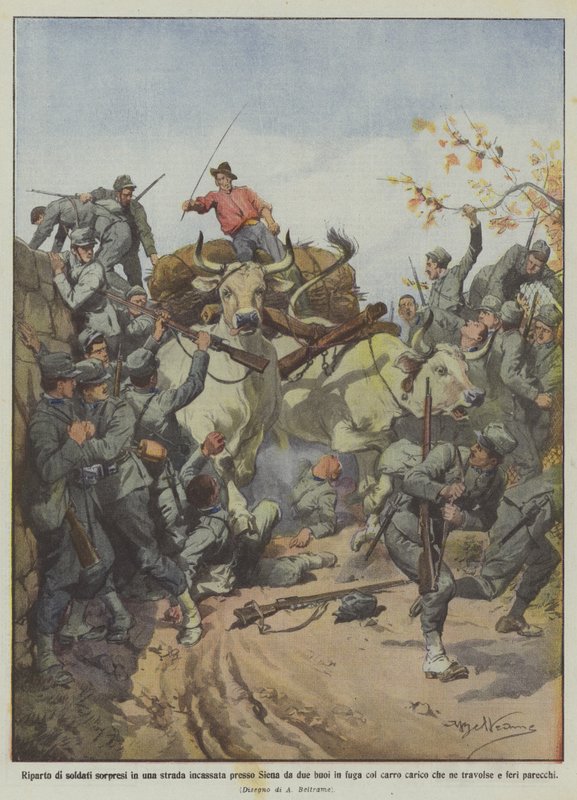 Détachement de soldats surpris sur une route encaissée près de Sienne par deux bœufs en fuite avec le chariot - Achille Beltrame