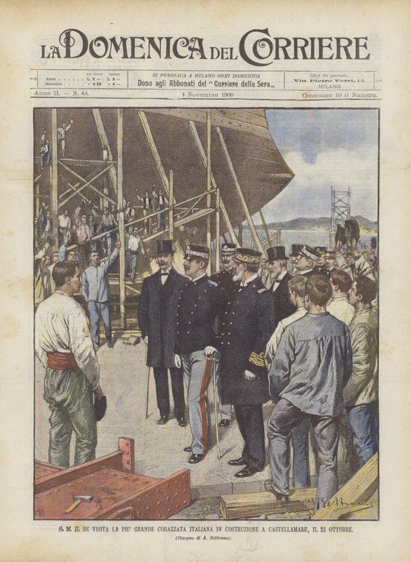 S.M. le Roi visite le plus grand cuirassé italien en construction à Castellamare, le 23 octobre - Achille Beltrame