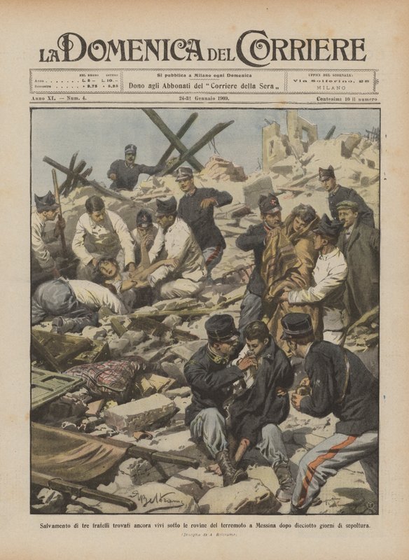 Sauvetage de trois frères retrouvés encore vivants sous les ruines du tremblement de terre à Messine - Achille Beltrame
