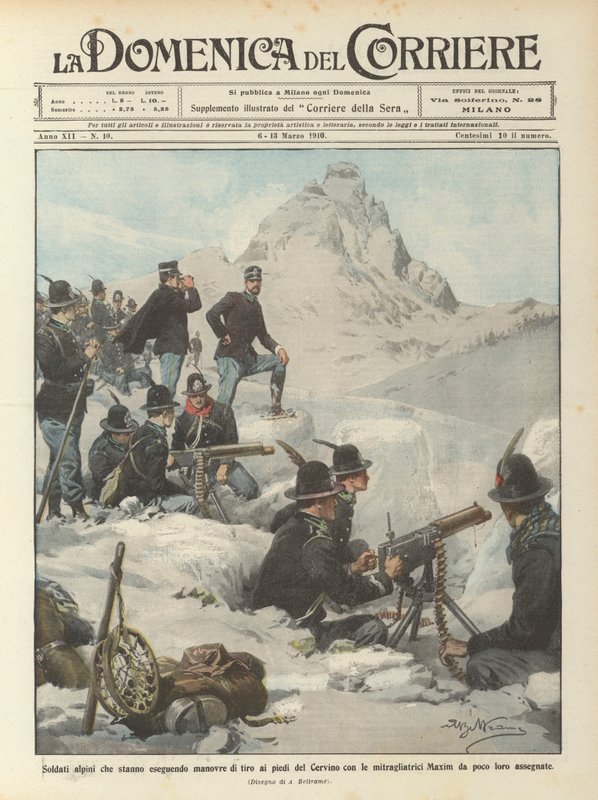 Soldats alpins effectuant des manœuvres de tir au pied du Cervin avec des mitrailleuses - Achille Beltrame