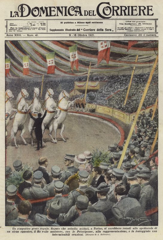 Soldats regardant des chevaux performants à un cirque à Turin - Achille Beltrame