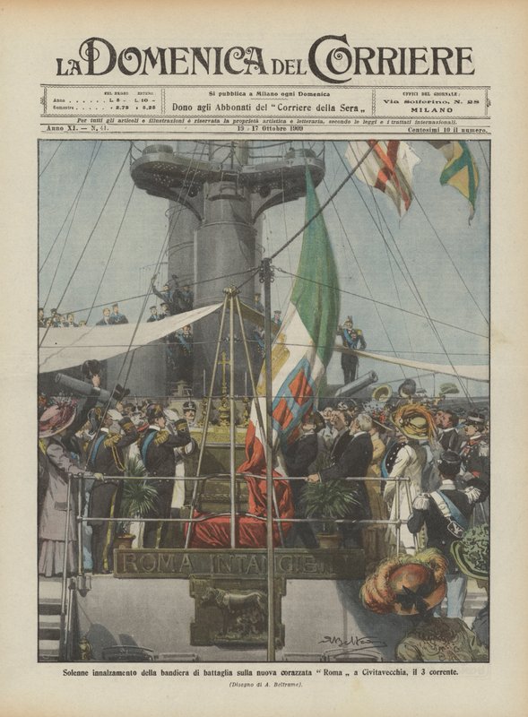 Élévation solennelle du drapeau de bataille sur le nouveau cuirassé Roma à Civitavecchia le 3 courant - Achille Beltrame