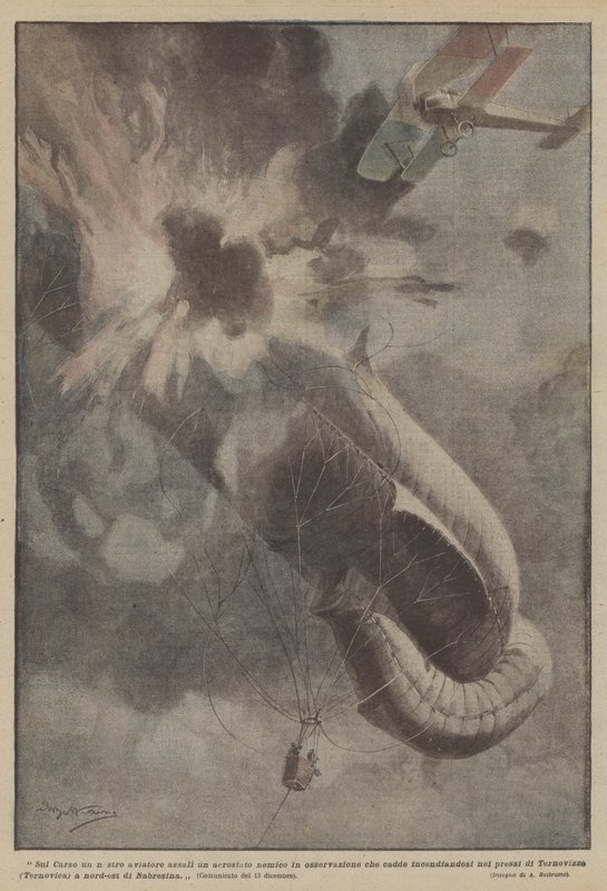 Sur le Carso, un de nos aviateurs attaque un ballon ennemi en observation qui tombe en flammes - Achille Beltrame