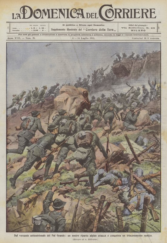 Sur le versant nord du Pal Grande, une de nos unités alpines attaque et conquiert une tranchée ennemie - Achille Beltrame