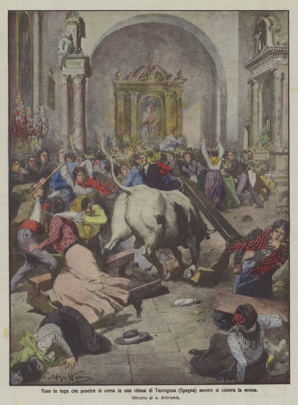 Taureau en fuite pénétrant en courant dans une église de Tarragone (Espagne) pendant la messe - Achille Beltrame