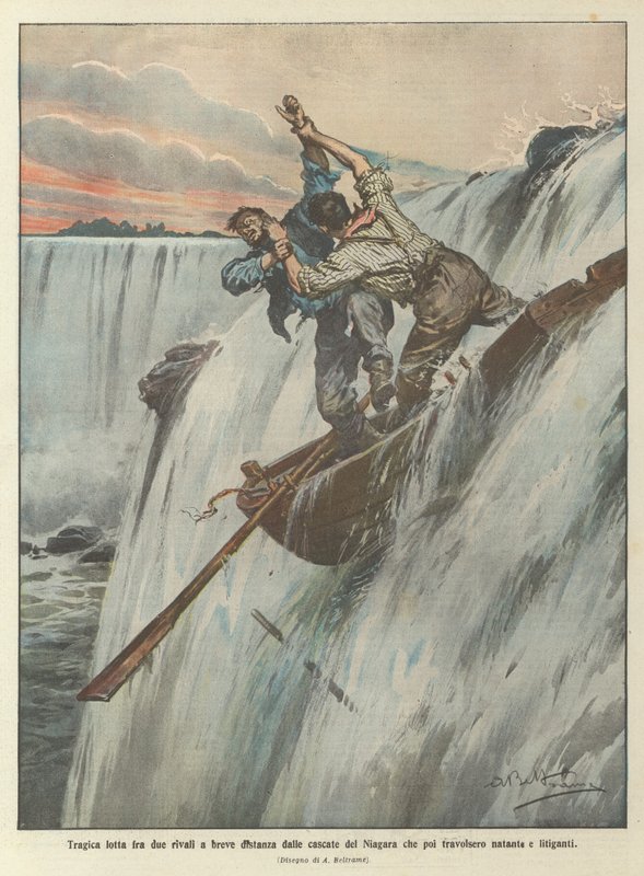 Lutte tragique entre deux rivaux à courte distance des chutes du Niagara qui ont ensuite emporté le bateau et les combattants - Achille Beltrame