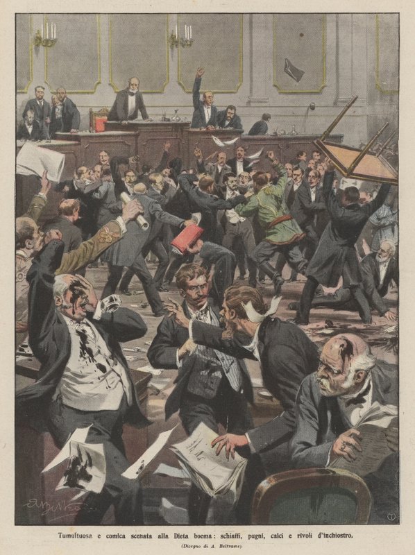 Scène tumultueuse et comique au Parlement de Bohême, gifles, coups de poing, coups de pied et jets d