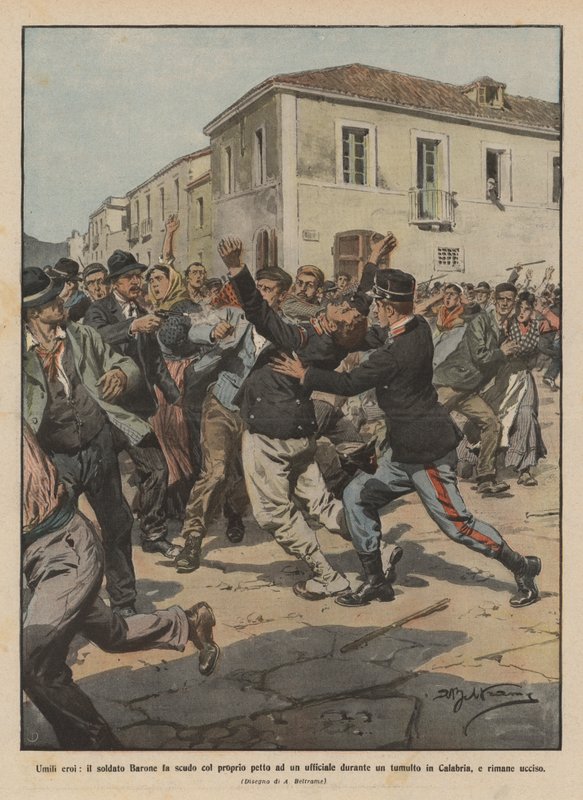 Humbles héros, le soldat Barone fait bouclier de son propre corps à un officier pendant une émeute - Achille Beltrame