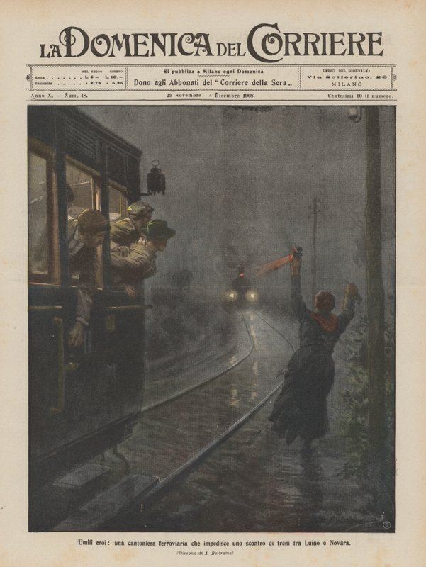 Humbles héros, une cantonnière ferroviaire empêchant une collision de trains entre Luino et Novara - Achille Beltrame