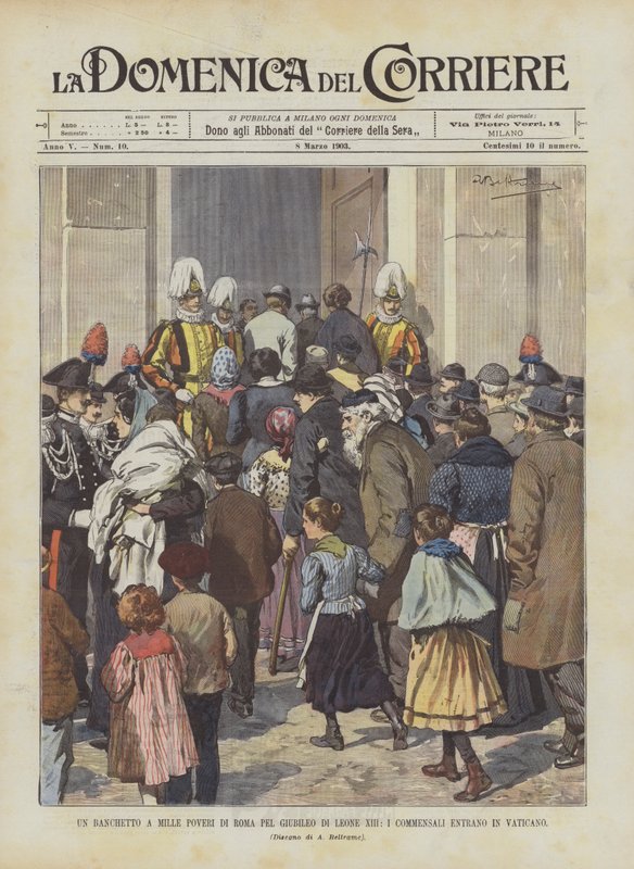 Un banquet pour mille pauvres de Rome pour le jubilé de Léon XIII, les convives entrent au Vatican - Achille Beltrame