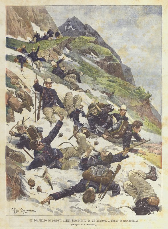 Un détachement de soldats alpins précipité dans un ravin à Breno (Valcamonica) - Achille Beltrame
