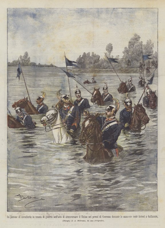 Un peloton de cavalerie en tenue de guerre traversant le Tessin - Achille Beltrame