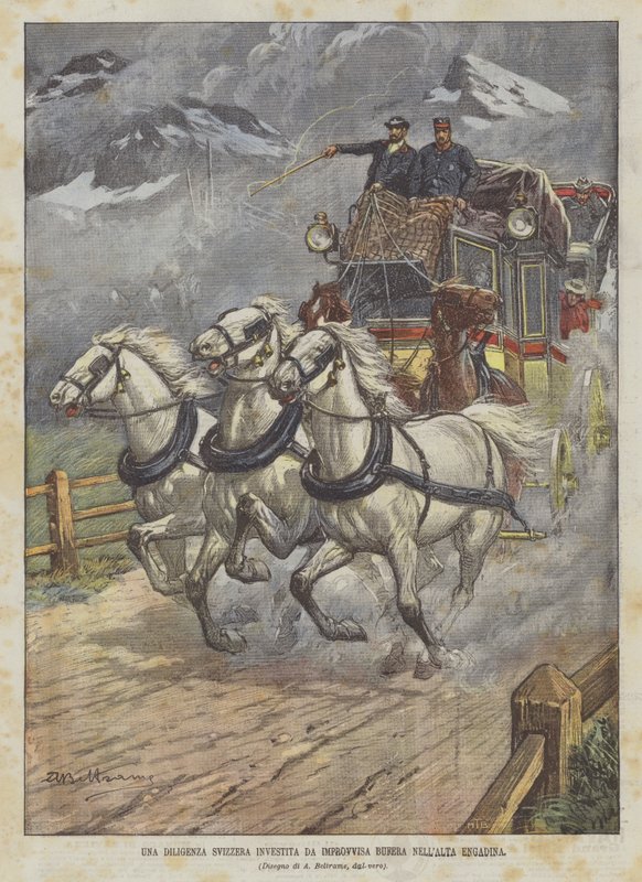 Une diligence suisse prise dans une tempête soudaine en Haute-Engadine - Achille Beltrame