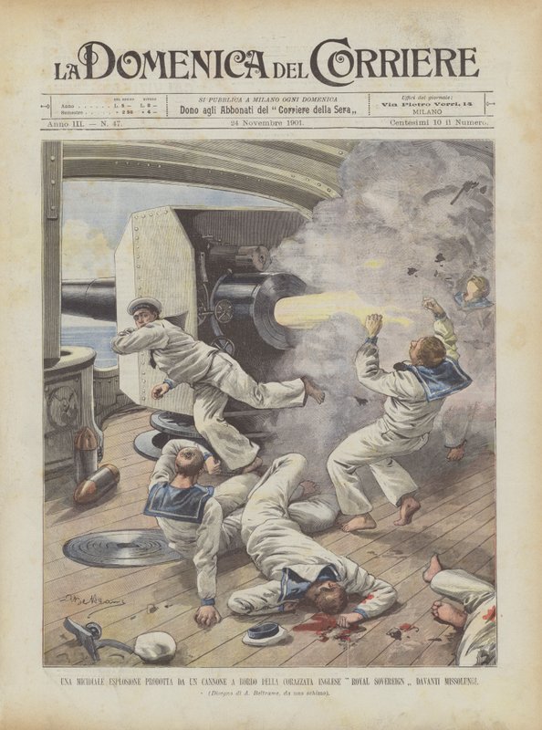 Une explosion meurtrière causée par un canon à bord du cuirassé anglais Royal Sovereign devant Missolonghi - Achille Beltrame