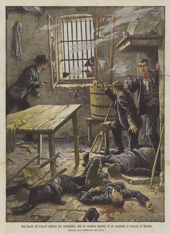 Une bande de brigands attaquée par les carabiniers, qui en tuèrent quatre, dans une ferme de la commune de Novara - Achille Beltrame