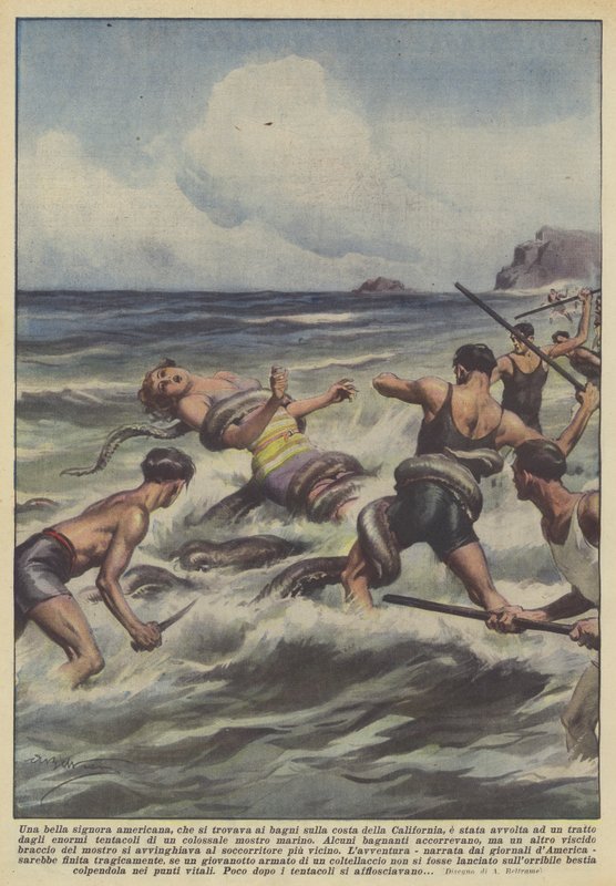 Une belle dame américaine, qui se trouvait aux bains sur la côte de Californie, a été enveloppée - Achille Beltrame
