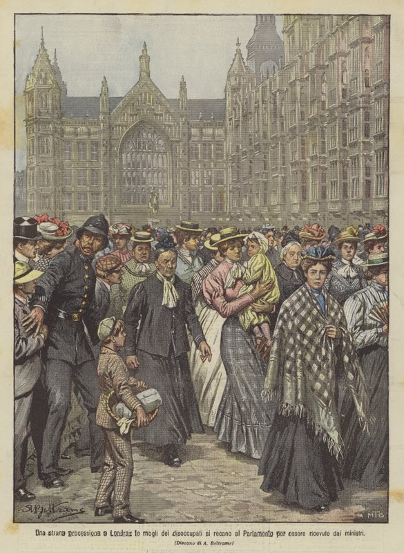 Une étrange procession à Londres, les épouses des chômeurs se rendent au Parlement pour être reçues par les ministres - Achille Beltrame